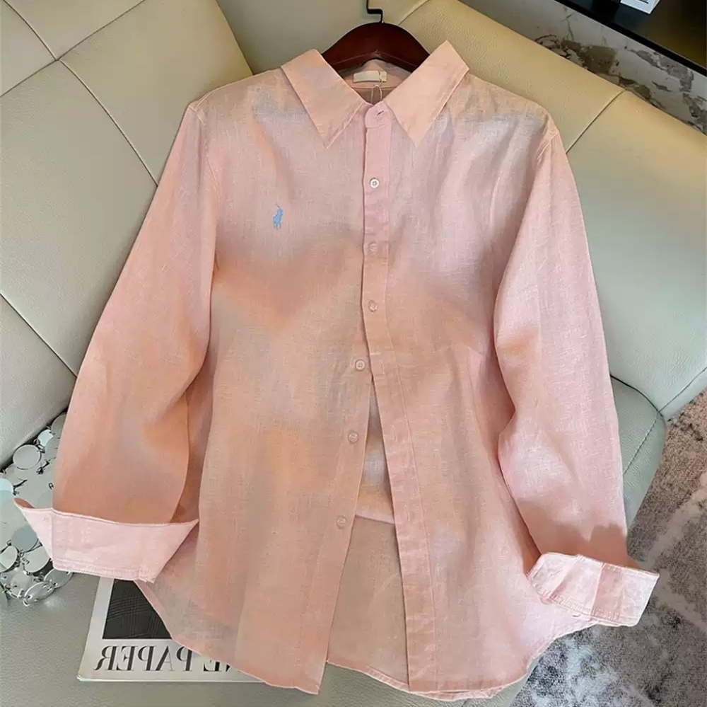 Pink Linen Logo Embroidered Long Sleeve Shirt